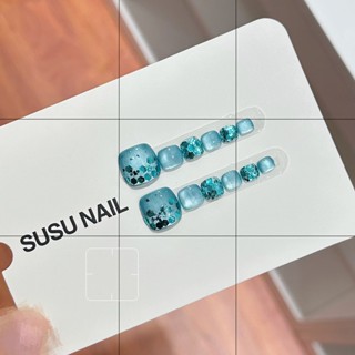 【腳甲-藍色亮片】純手工穿戴甲美甲貼片藍色貓眼亮片腳趾甲貼片美甲成品高階感顯白假指甲片