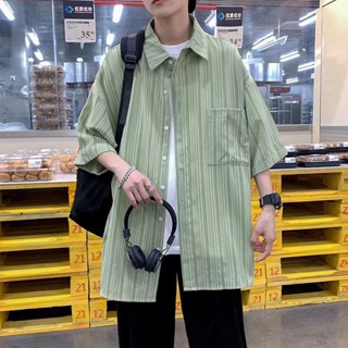 NANS 臺灣現貨 短袖襯衫 襯衫男士夏秋季2025年新款休閒短袖日系襯衣高階感潮牌條紋外套男