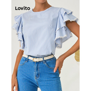 Lovito 女用優雅條紋雙層撞色膠帶襯衫 LBL09069