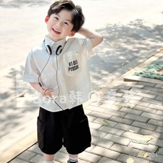 韓國男女兒童2024夏裝新款襯衫中小寶寶白色帥氣短袖上衣