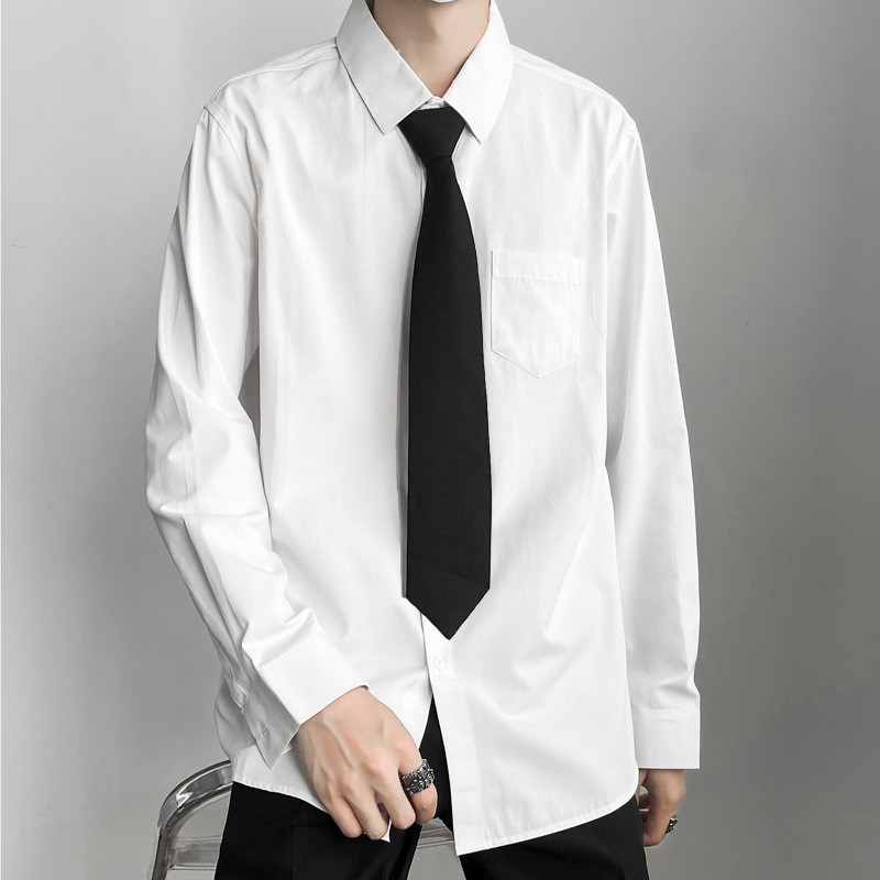 SK白色長袖襯衫男情侶套裝寬鬆領帶襯衫潮流韓版班服畢業衣服襯衫