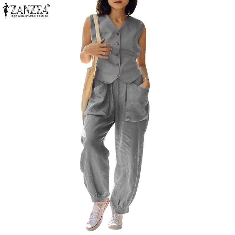 Zanzea 女式韓版 V 領無袖鈕扣高腰口袋寬鬆上衣