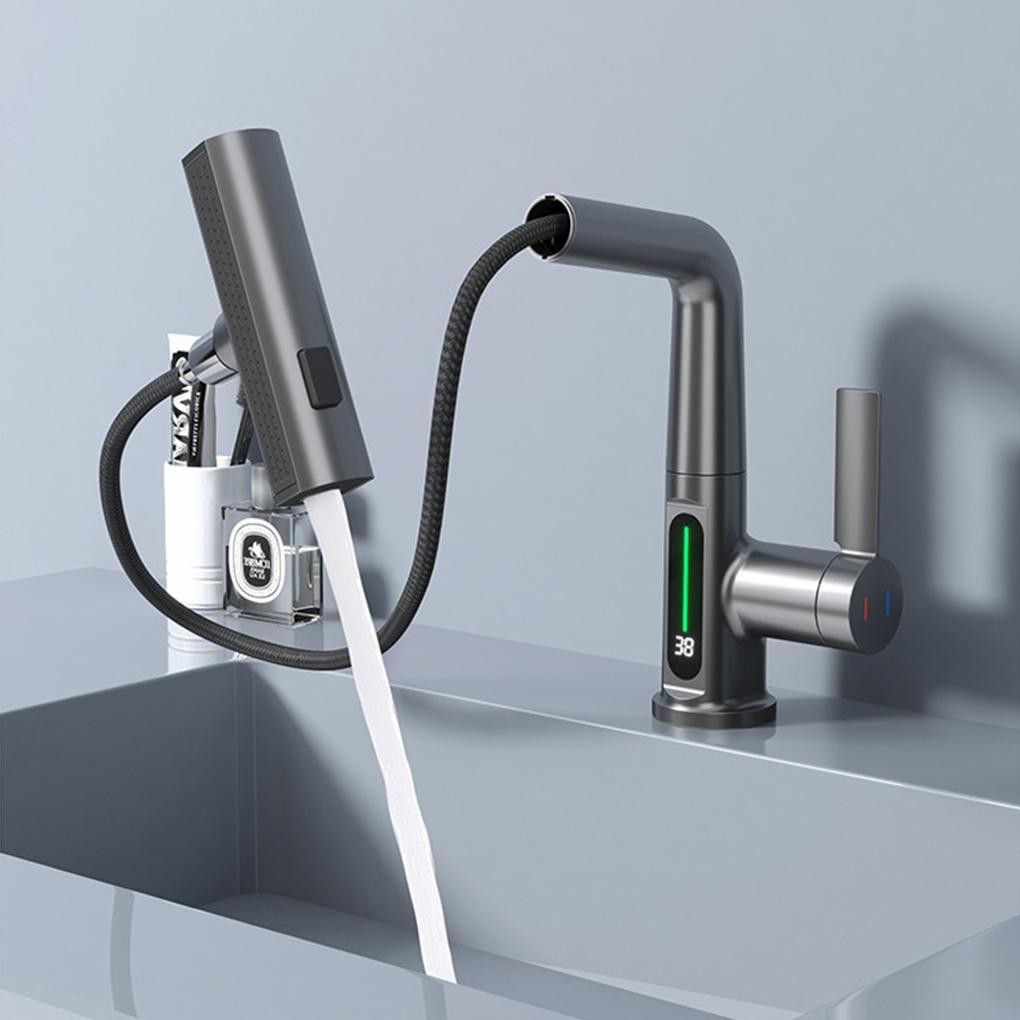 用於廚房水槽浴室水槽水龍頭的可升降混合水龍頭 LED 溫度顯示和拉出式水龍頭