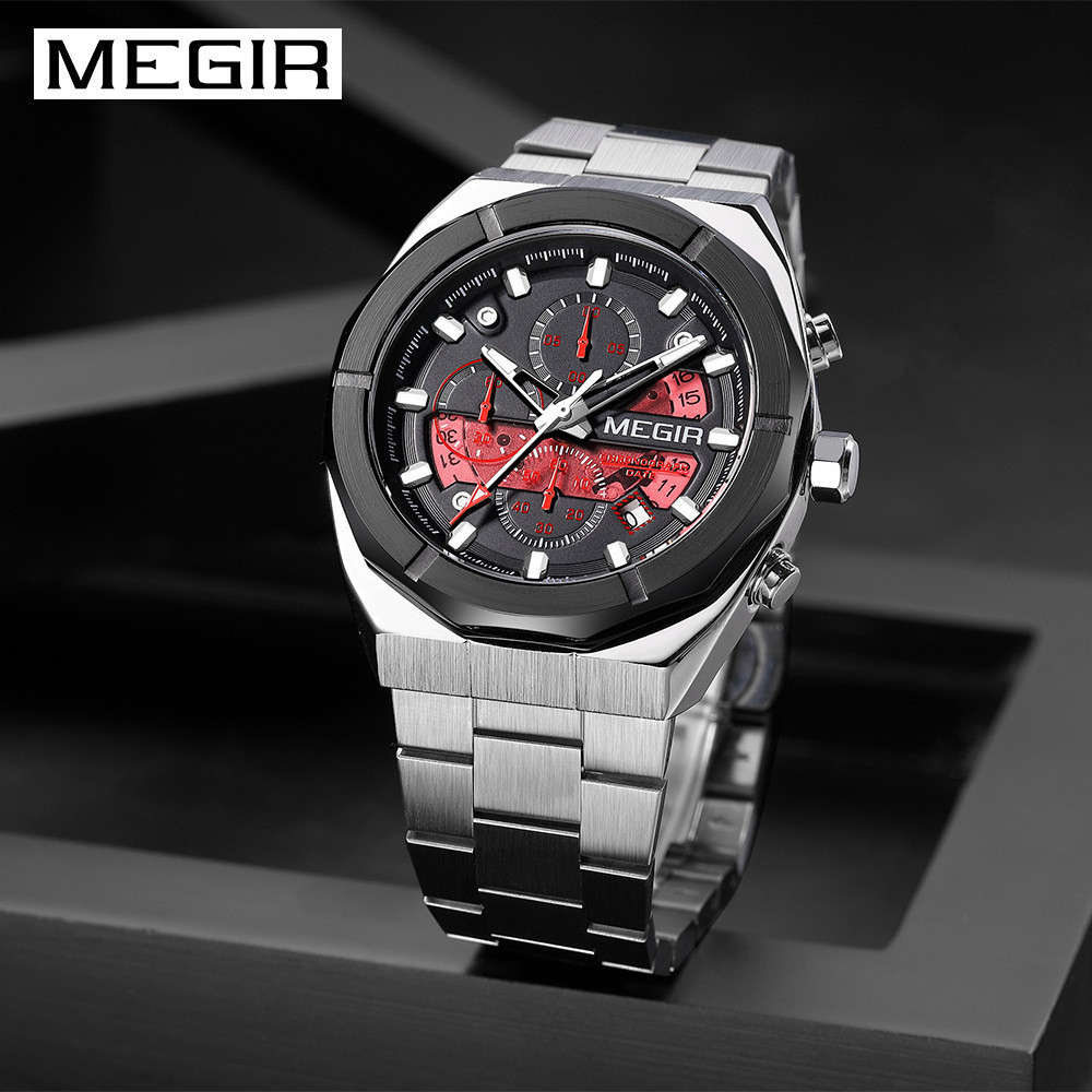 MEGIR2225 新款男士手錶 時尚創意不鏽鋼帶設計潮流男士多功能運動防水夜光石英手錶 2225G PAQH