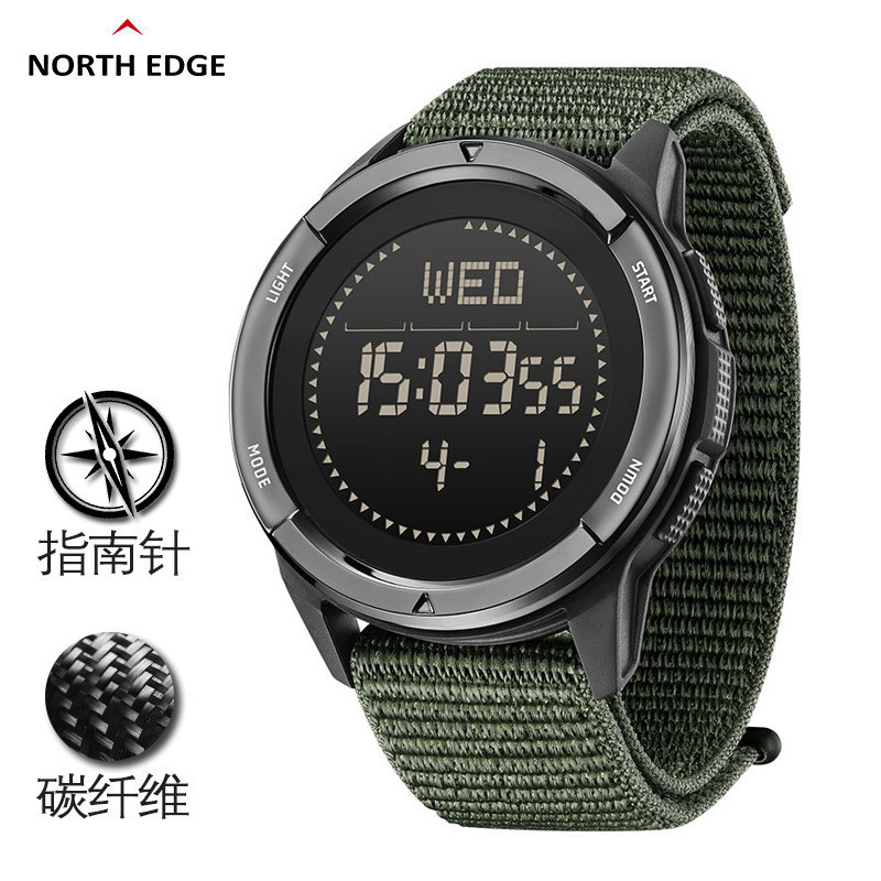 North Edge男士戶外運動手錶  登山計步指南針防水碳纖維男士手錶