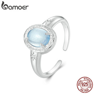 Bamoer 925 純銀戒指天然海藍寶石時尚首飾禮品女士