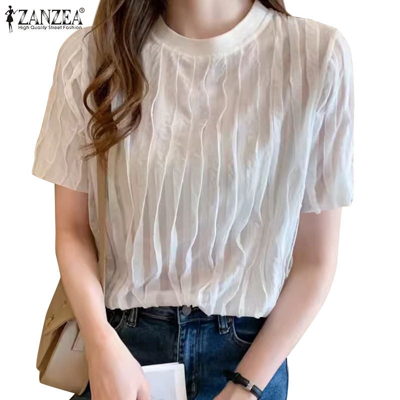 Zanzea 女式韓版時尚螺紋短袖圓領襯衫