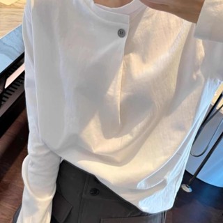 純棉T恤 白色長袖T恤女 打底衫上衣 素色T春秋T恤女 韓版寬鬆T恤 休閒內搭上衣 紐扣設計感上衣