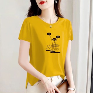 衣時尚 短袖T卹 大尺碼上衣 印花上衣 基本款 中大尺碼 M-4XL 新款T卹女開衩港風復古寬鬆印花上衣-1677.