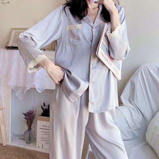 胖胖美依 套裝 睡衣 家居服 睡衣春秋冰絲韓版性感蕾絲長袖長褲兩件套裝冰絲薄款家居服-3975.