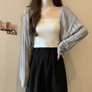 【HOT 本舖】 防曬針織開衫女夏寬鬆百搭鏤空外搭披肩短款長袖上衣薄款外套