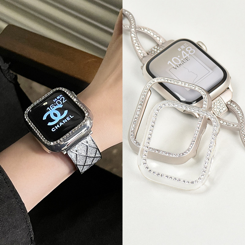 星光色單鑽保護殼 適用 apple watch 蘋果錶帶 iwatch SE 1-9代通用 Ultra 硬殼軟殼半包全包