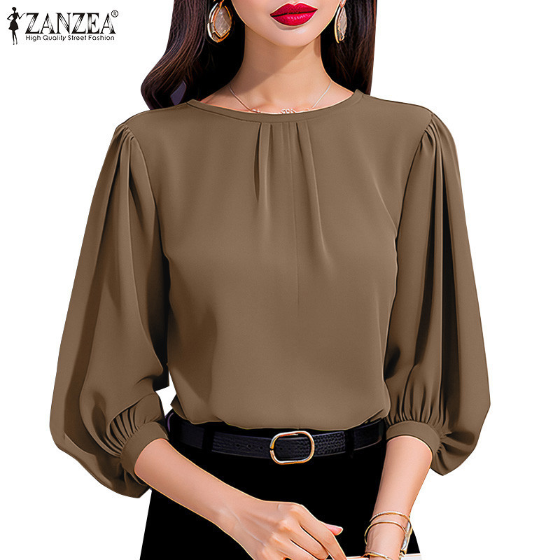 Zanzea 女式複古純色休閒圓領 3/4 袖襯衫