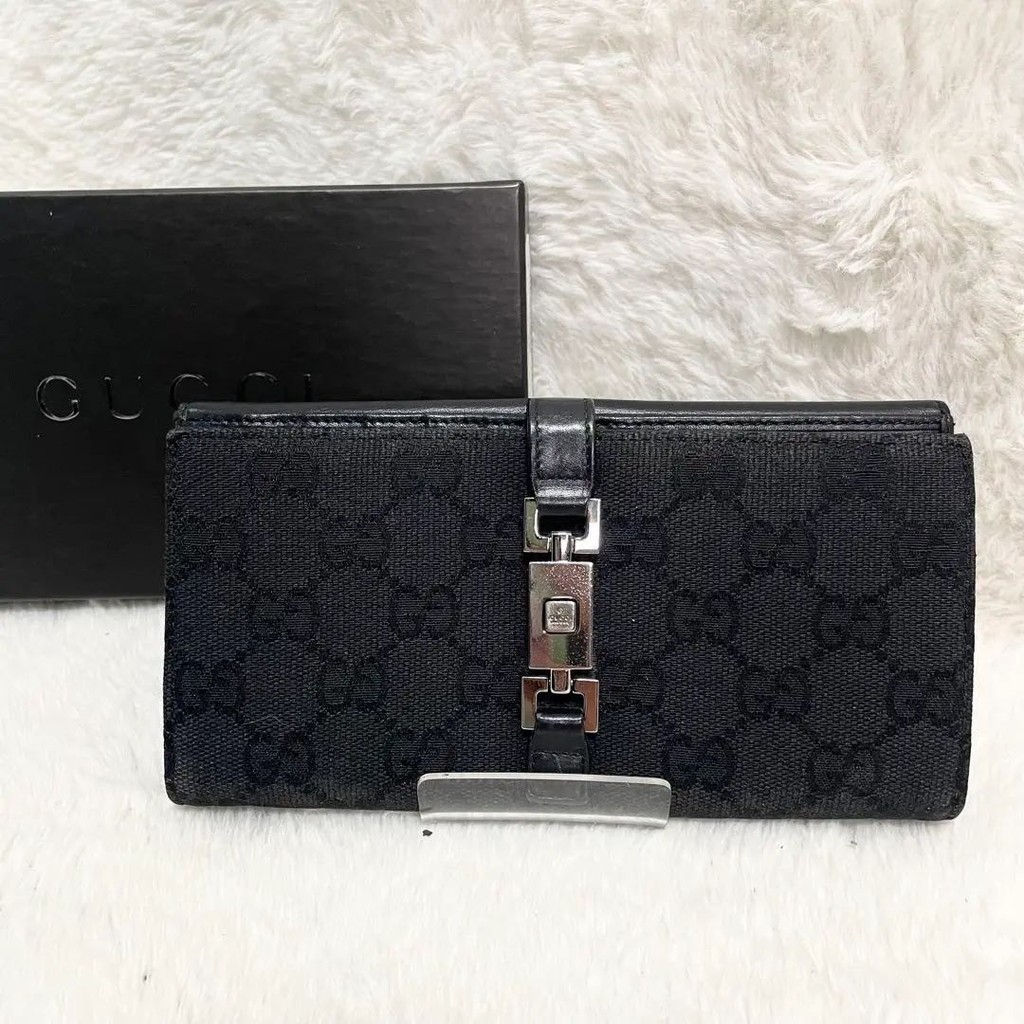 GUCCI 古馳 錢包 長夾 New Jackie 賈姬包 GG Canvas 帆布 銀色 黑色 皮革 日本直送 二手