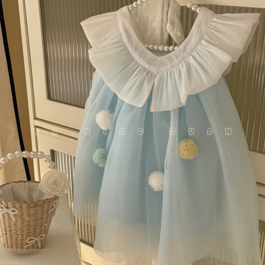 ✨HIKIDS✨夏季綵球無袖珍珠連衣公主裙 女童韓系甜美洋裝