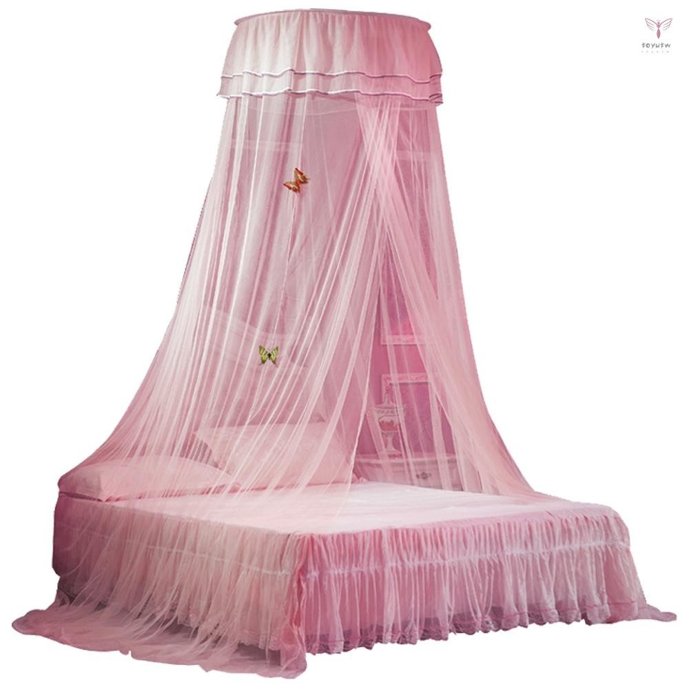 通用圓頂床罩單入口細網床網花邊窗簾公主風臥室裝飾易安裝粉色