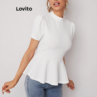 Lovito 女士復古素色荷葉邊下擺 T 恤 L86ED017