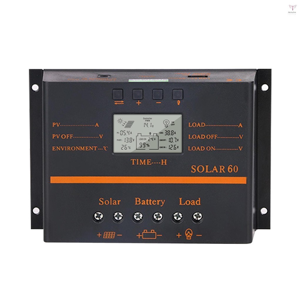 60a PWM 太陽能充電控制器 12V/ 24V 自適應 LCD 太陽能電池板電池充放電調節器,帶 5V USB 輸出
