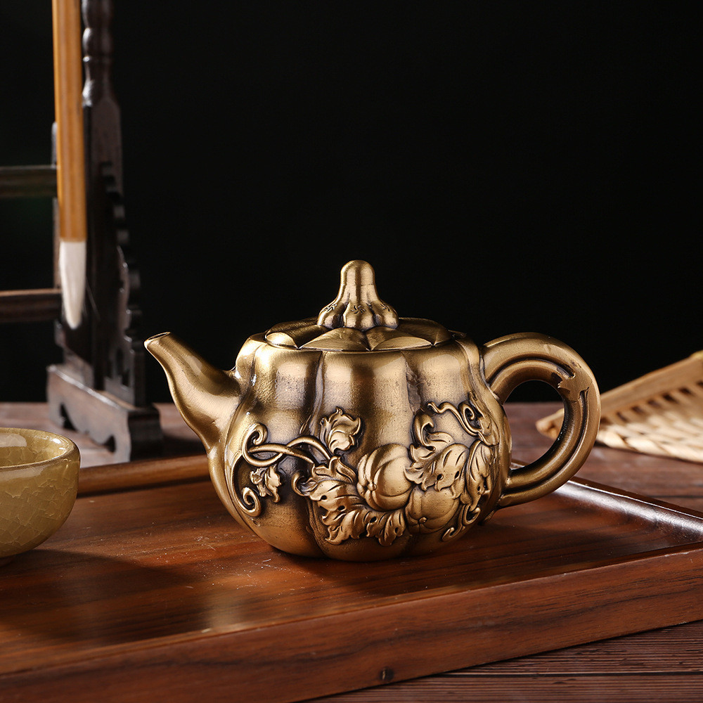 創意黃銅南瓜造型茶壺做舊南瓜水壺茶室裝飾工藝品個性酒壺南瓜壺