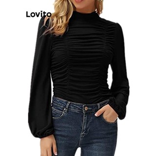 Lovito 女式休閒素色褶皺 T 恤 LNL54300