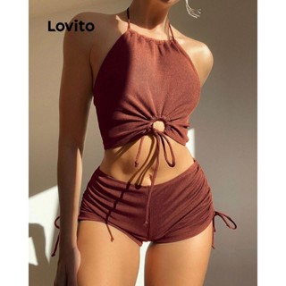 Lovito 女士迷人條紋抽繩面料拼接比基尼套裝 LNE48391