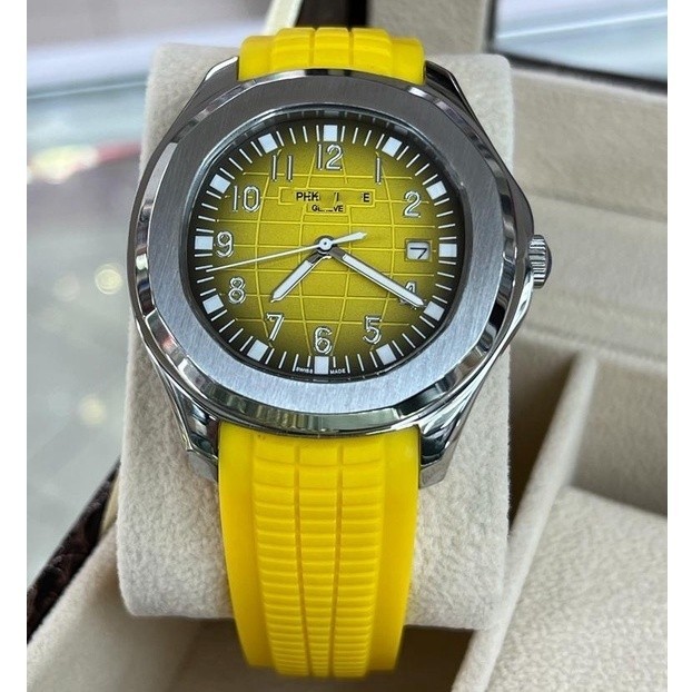 黃色錶盤 橡膠錶帶 經典時尚運動休閒男士手錶，栢搭菲莉 鸚鵡螺  潮流魅力奢華自動機械錶 手雷