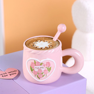 4QFH 高顏值女生陶瓷水杯可愛花朵馬克杯情侶杯子伴手禮家用早餐咖啡杯
