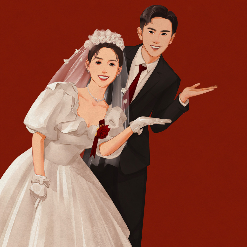 客制  似顏繪  繪畫設計 婚禮手繪定製結婚送新人婚紗照手繪備婚裝飾畫情侶畫新娘