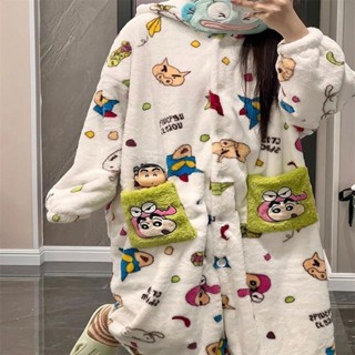 蠟筆小新加厚珊瑚絨睡衣女保暖法蘭絨少女連帽睡衣家居服蠟筆小新加厚珊瑚絨睡衣女保暖法蘭絨少女連帽睡袍家居服
