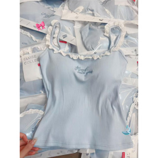 奶 藍色 蕾絲邊 字母 刺繡 小吊帶 背心 女 夏季 新款 韓式 收腰 顯瘦 無袖 上衣