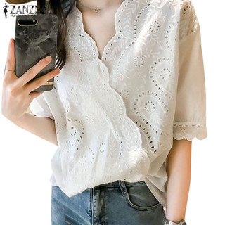 ZANZEA 女式韓版休閒 V 領羽絨肩 3/4 袖正面刺繡蕾絲寬鬆純色襯衫