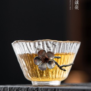 主人杯日式茶杯玻璃水杯品茗杯[S319]玻璃茶杯梅花主人杯加厚耐熱小酒杯品茗杯功夫單杯貼錫品茗杯茶盞