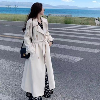外套女韓版中長款風衣溫柔風春鞦季顯瘦顯高白色大衣外套高階清冷感雙排扣腰帶寬鬆外套{小禾}