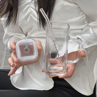 刻度玻璃杯 C1 極簡主義ins風格條紋玻璃杯吸管直身方形杯牛奶杯飲料杯奶昔杯咖啡杯 KB10