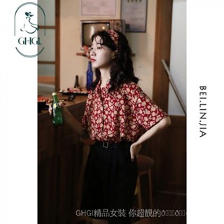 【GHGl】紅色玫瑰花短袖印花襯衫女夏季新款復古港風寬鬆小眾設計感襯衫潮