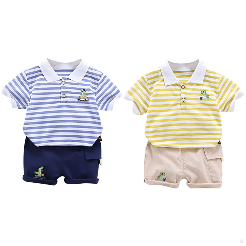 男嬰棉質短袖上衣+短褲男童條紋 Polo 衫+短褲 2 件套嬰兒衣服套裝 0-5 歲