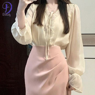 【DC】長袖雪紡優雅上衣時尚領帶襯衫粉色百褶裙職業套裝