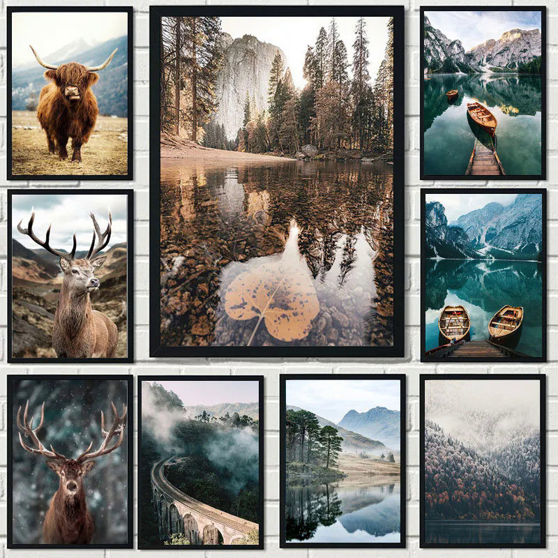 北歐自然風景帆布印刷海報動物牛鹿湖雪山森林鐵路牆壁藝術繪畫裝飾圖片
