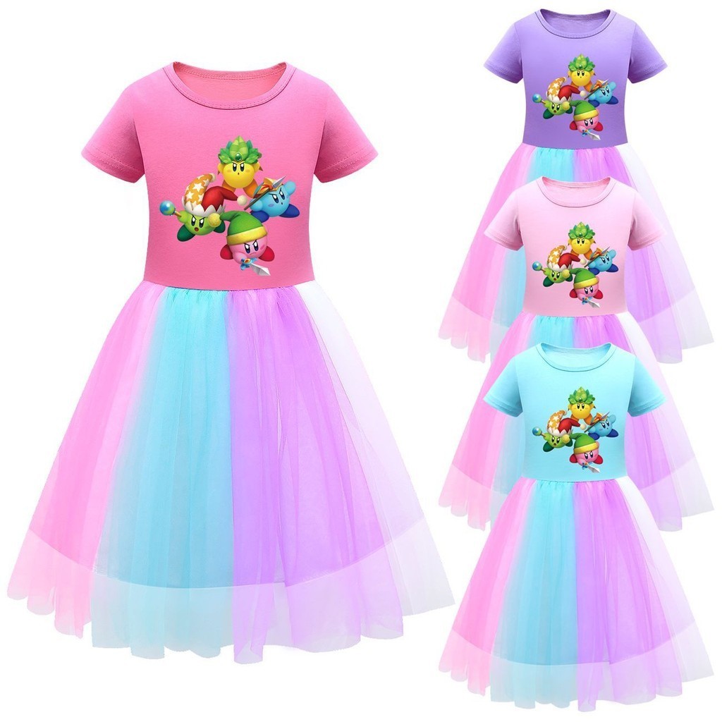 Kirby's星之卡比 女童裙彩虹蕾絲兒童裙襬裙子兒童短袖衣服
