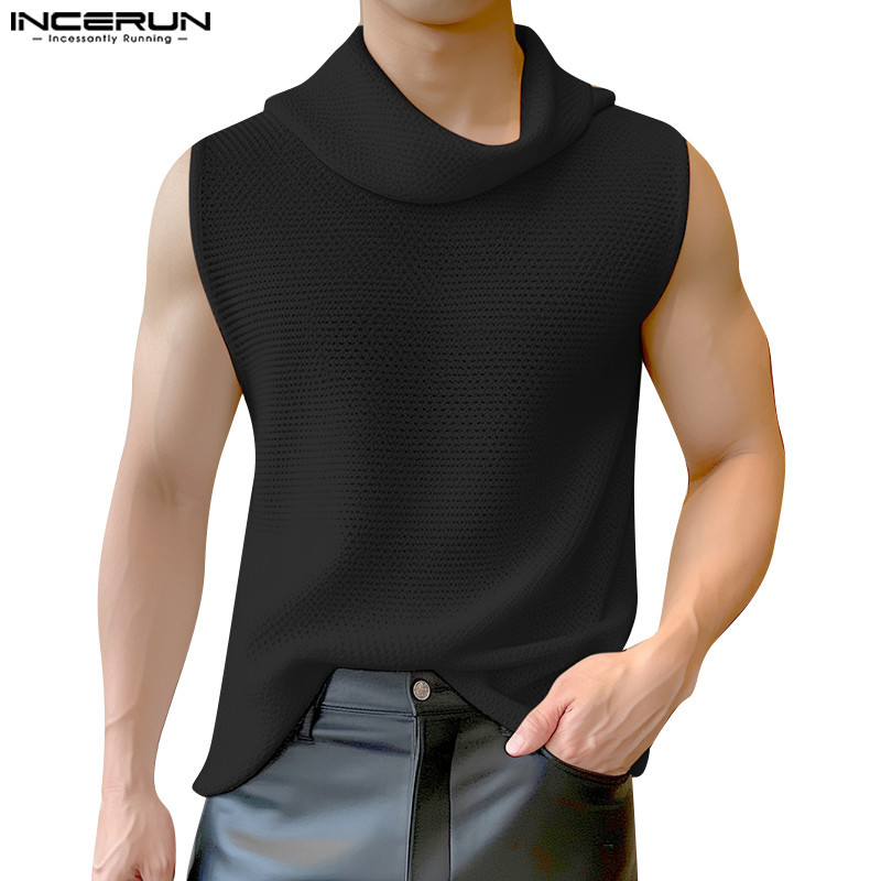 Incerun 男士韓版時尚堆領純色無袖背心