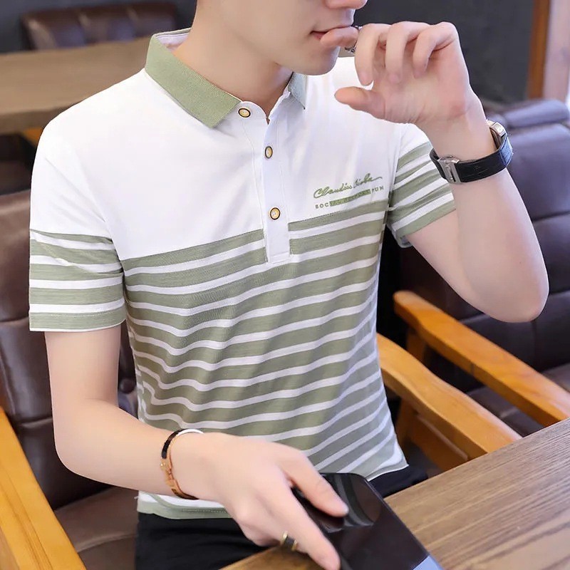 夏季新款牛奶絲男士短袖T恤商務衫韓版緊身翻領POLO衫潮流打底衫條紋休閒男裝上衣