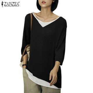 Zanzea 女式韓版圓領三分袖假兩件式襯衫