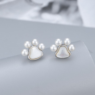 網紅新款925純銀小貓爪法式設計感天然淡水珍珠貝母耳環diy耳飾女