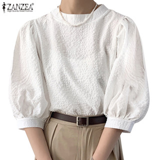 Zanzea 女式韓版休閒圓領三分袖條紋襯衫
