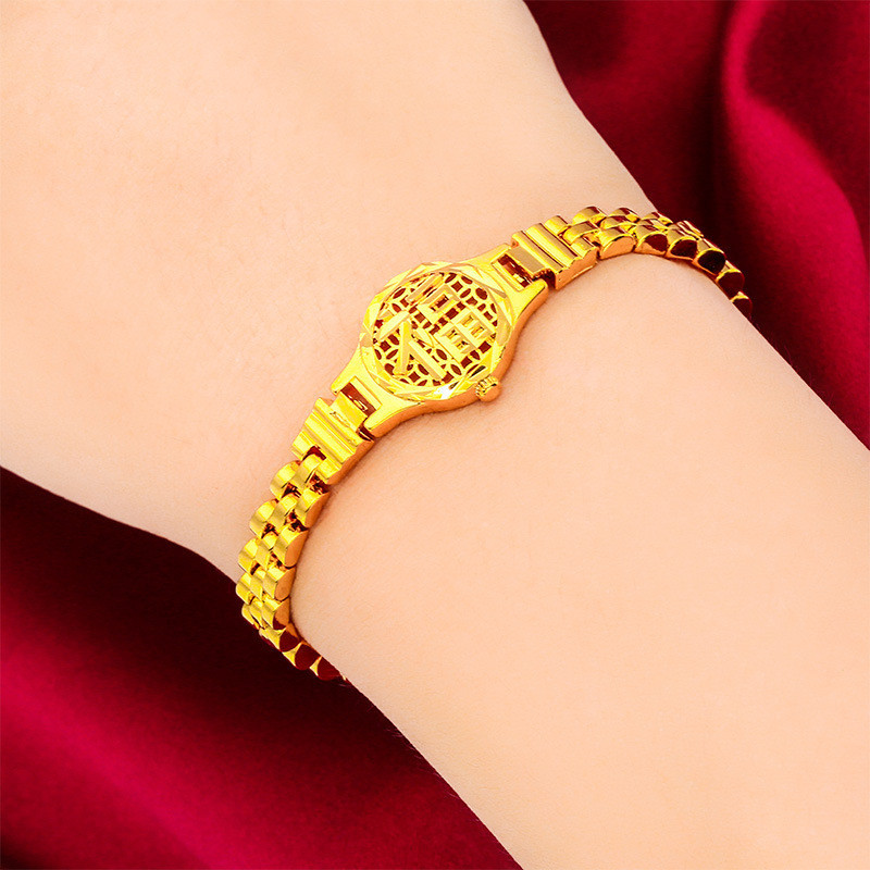 黃銅鍍金玲瓏錶帶手鍊飾品 時尚簡約福牌久不褪色個性手錶鏈仿黃金首飾