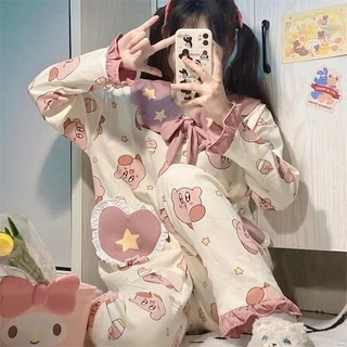台灣出貨 日系ins星之卡比睡衣少女學生春季可愛卡通軟妹長袖可外穿家居服棉質 睡衣 大尺碼睡衣女 家居服兩件套SY
