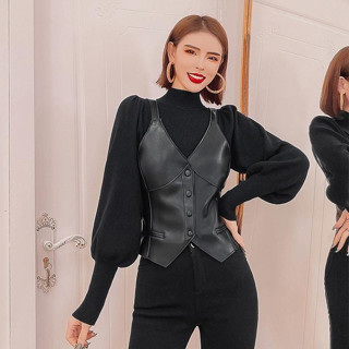 【HK潮流服裝】Ins美式黑色皮衣馬甲短版背心外套美拉德穿搭辣妹休閒外套大尺碼女裝 333