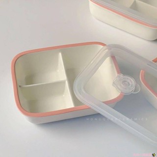 211餐具|陶瓷帶蓋飯盒三格便當微波爐專用密封水果保鮮盒學生上班族分隔式可微波便當盒分隔便當盒211餐盒三格飯盒