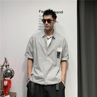 條紋襯衫男 長袖襯衣男士 寬松 薄外套 襯衫男士春秋季日係條紋短袖襯衫男夏季2025新款潮牌美式複古休閒男士高階襯衣潮