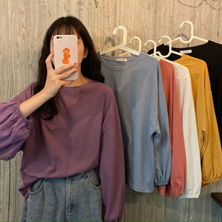 《現貨下單》2023秋季韓版寬鬆套頭學生燈籠袖長袖T恤女素色時尚百搭上衣打底